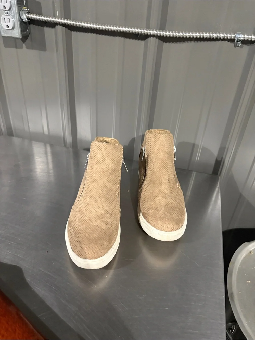 Casual Tan Wedge Sneaker Booties with Side Zip